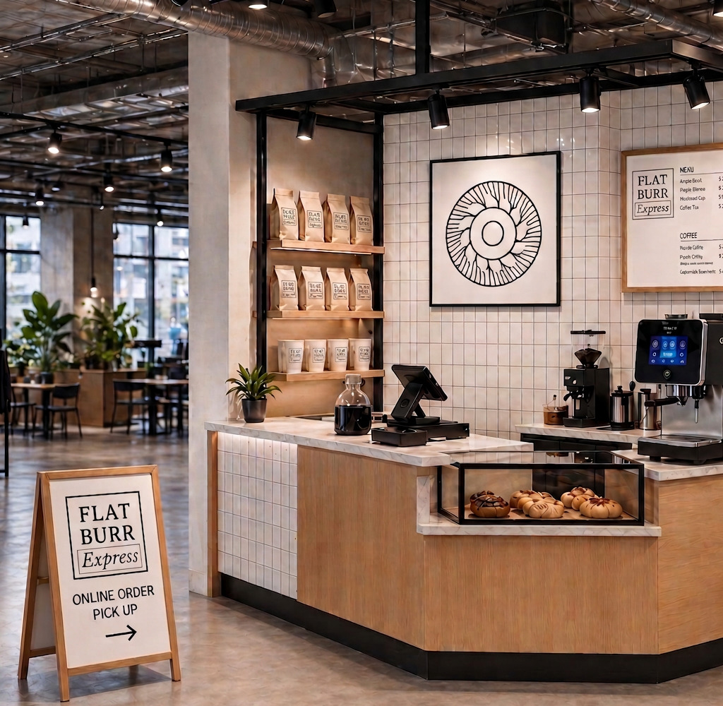 Flat Burr Café counter — burr-wheel artwork above the bar, menu board to the right