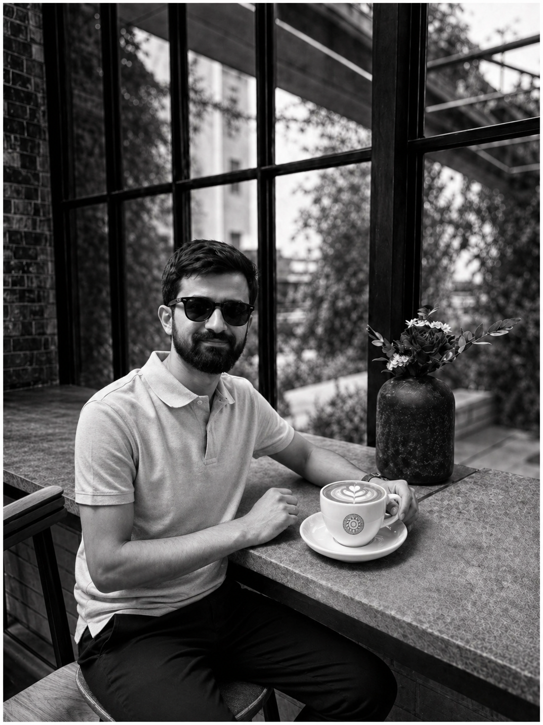 Bilal Asad, founder of Flat Burr Cafe, seated at a cafe counter with a latte